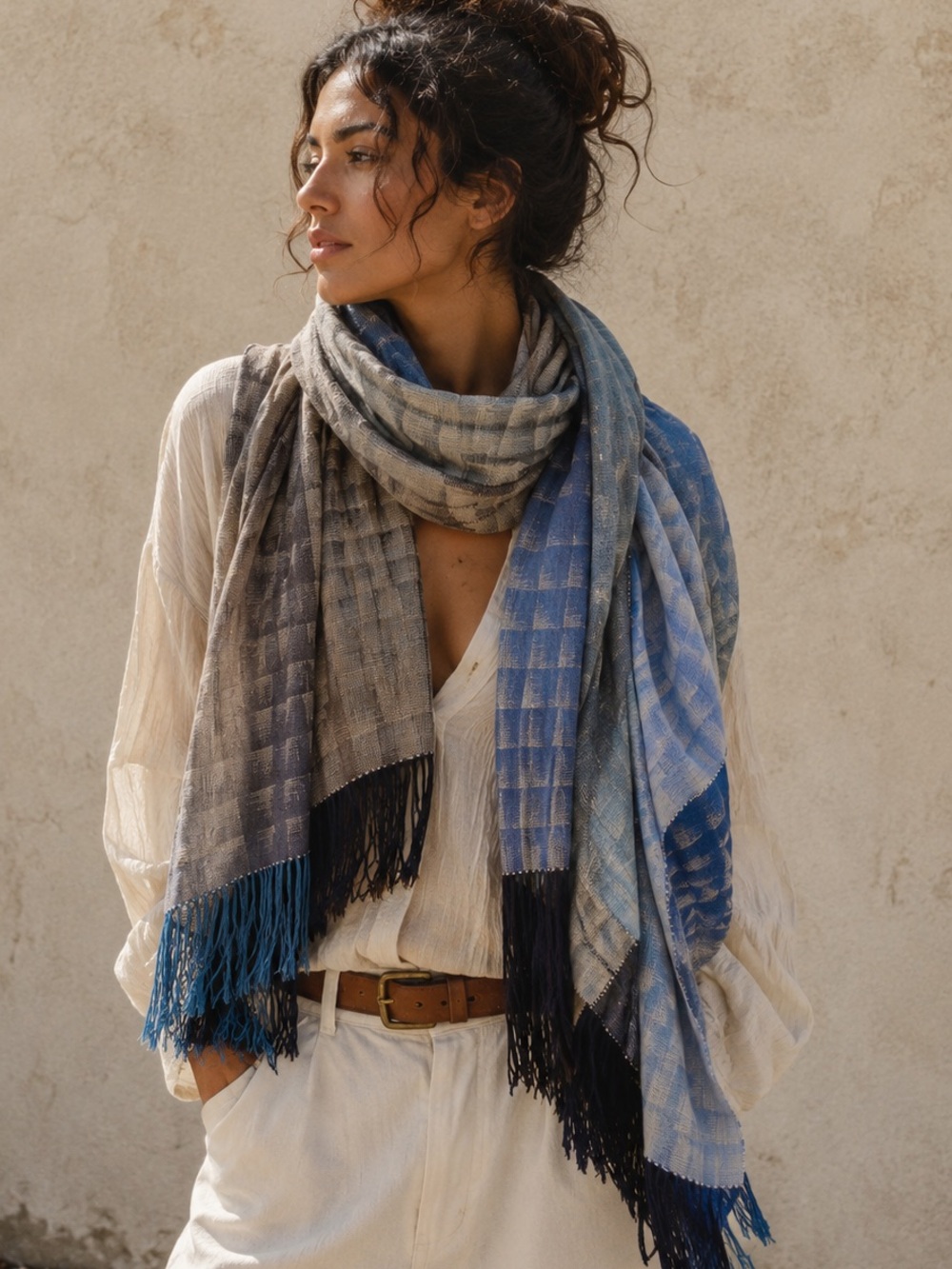 DOITUNG Ethical Artisan Blue Gray Plaid Fringe Scarf Wrap Shawl Thailand